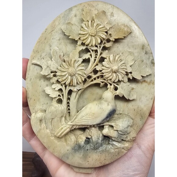 Vintage Chinese Hand Carved Soapstone Birds & Floral Motif Sculpture 8.5" Flaws - Picture 3 of 15
